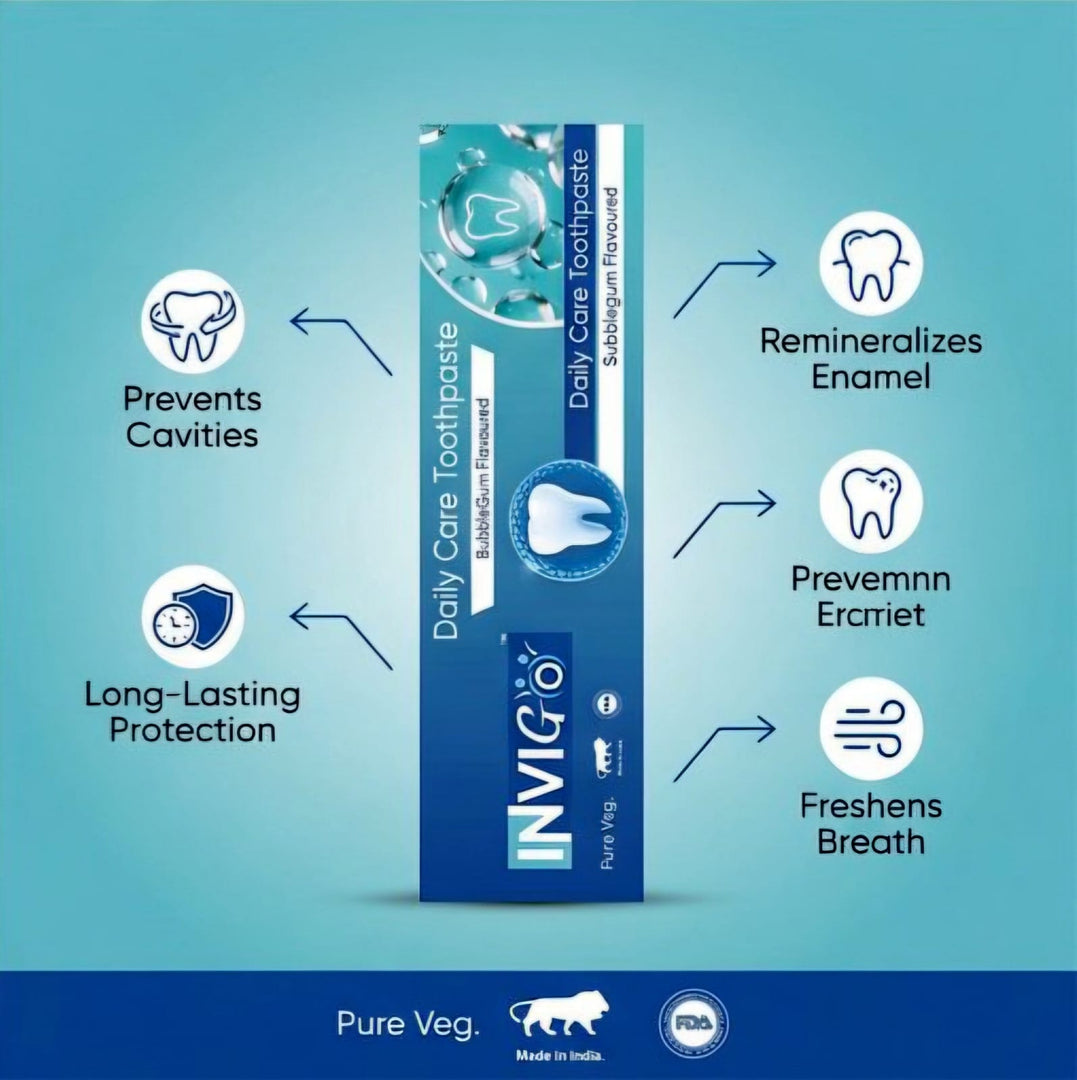 INVIGO BubbleGum Flavored Toothpaste 100g , Sugar Free | SLS Free | Paraben Free | Teeth Whitening + Cavity Protection & Gum Care For Kids, Men & Women  Natural Fresh Breath Toothpaste