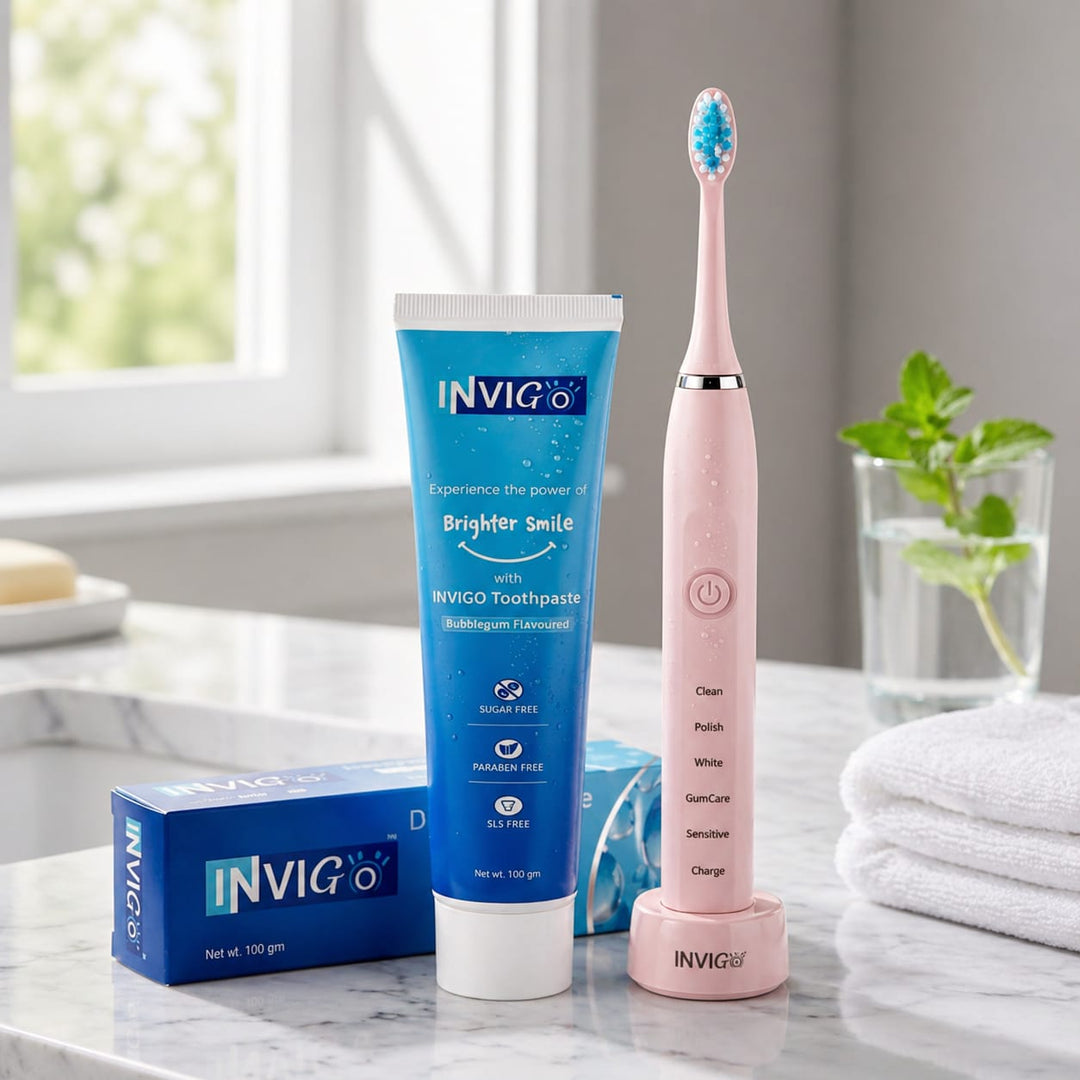 INVIGO Electric Toothbrush + Bubble Gum Toothpaste (Oral Care Combo)