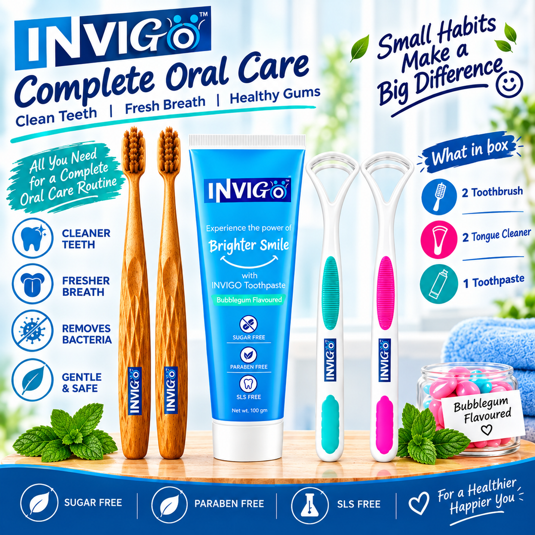 INVIGO Complete 5-Piece Dental Care Combo 2 Toothbrushes + 2 Tongue Cleaners + 1 Bubble Gum Toothpaste (100 Gm)