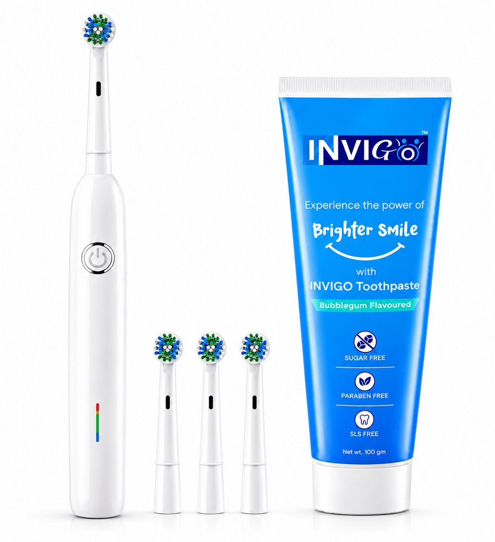INVIGO 360° Rotating Electric Toothbrush   5 Modes, 3 Extra Brush Heads + Bubble Gum Toothpaste 100g (Sugar Free) Oral Care Combo