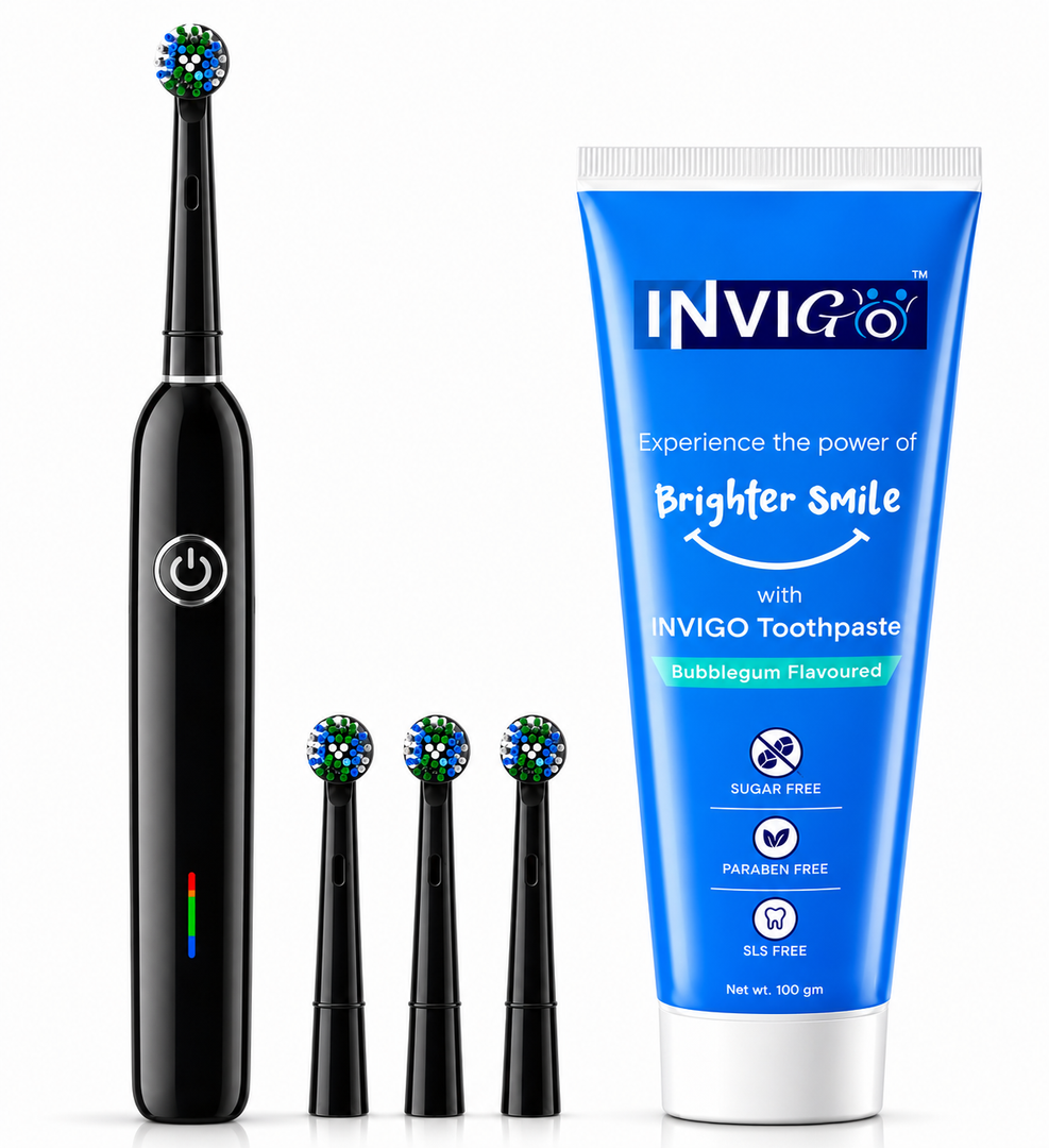 INVIGO 360° Rotating Electric Toothbrush   5 Modes, 3 Extra Brush Heads + Bubble Gum Toothpaste 100g (Sugar Free) Oral Care Combo