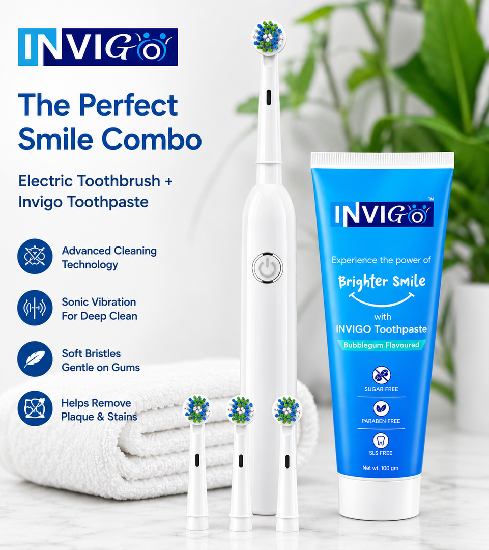 INVIGO 360° Rotating Electric Toothbrush   5 Modes, 3 Extra Brush Heads + Bubble Gum Toothpaste 100g (Sugar Free) Oral Care Combo