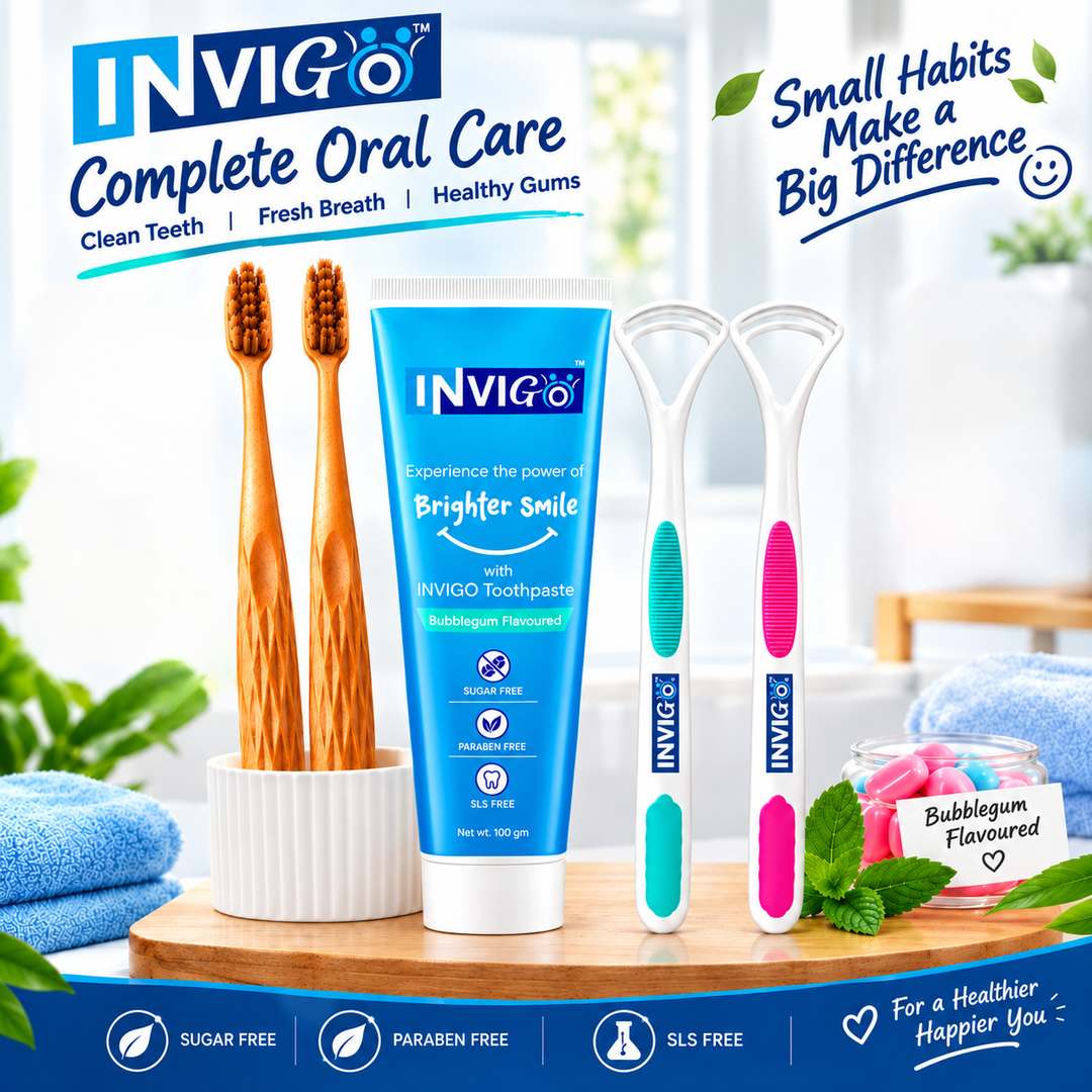 INVIGO Complete 5-Piece Dental Care Combo 2 Toothbrushes + 2 Tongue Cleaners + 1 Bubble Gum Toothpaste (100 Gm)