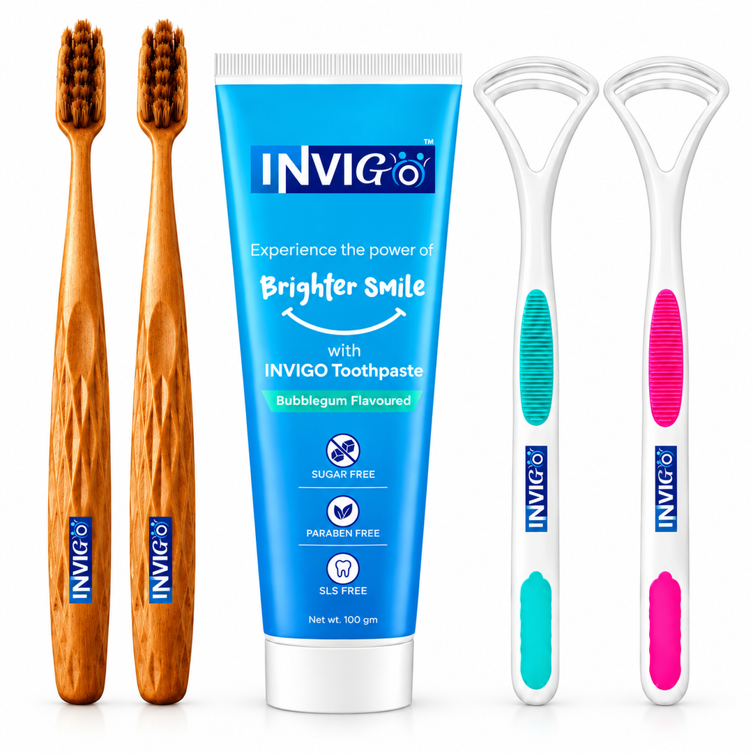 INVIGO Complete 5-Piece Dental Care Combo 2 Toothbrushes + 2 Tongue Cleaners + 1 Bubble Gum Toothpaste (100 Gm)